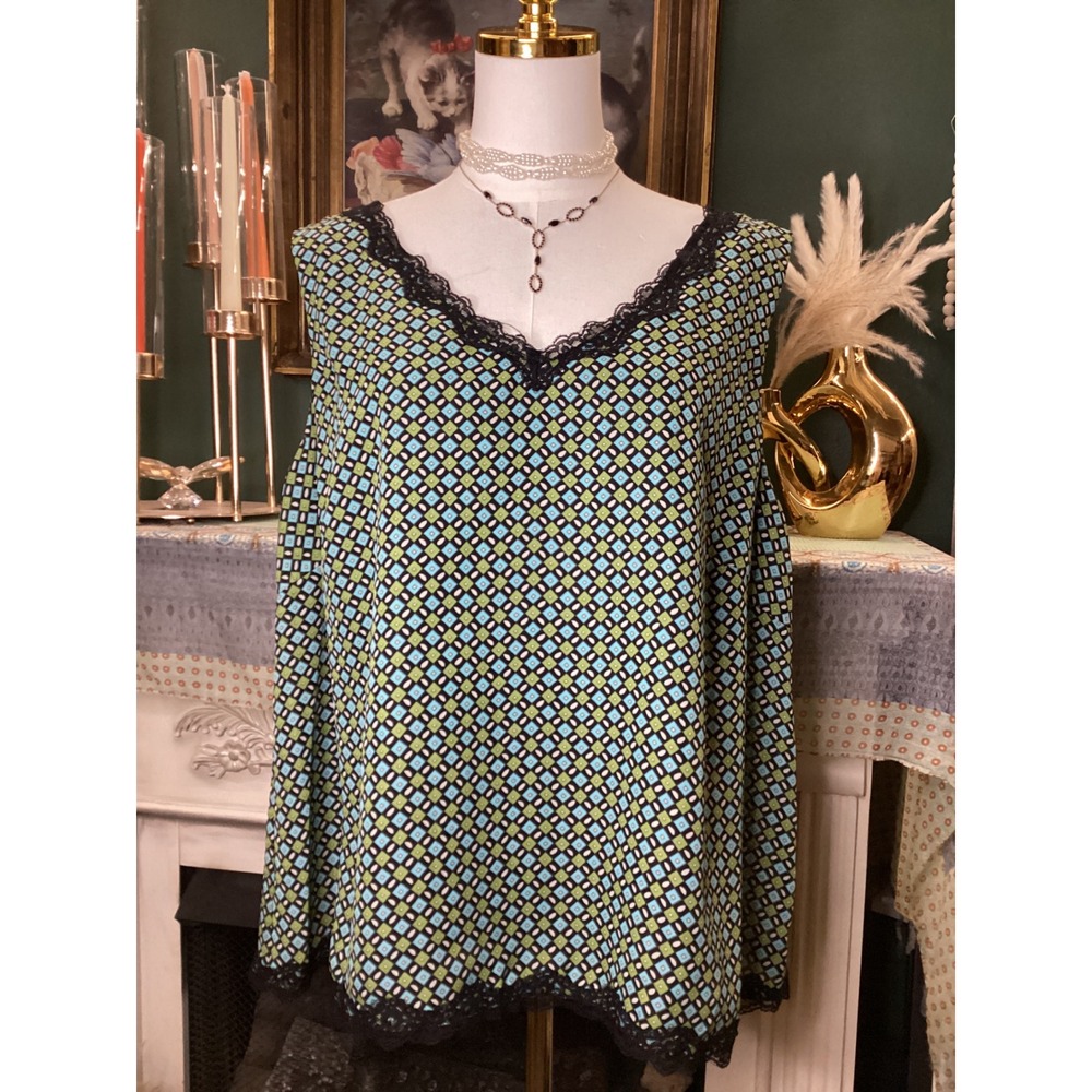 Dressbarn Woman Blue Green Geometric Lace Trim Sleeveless Blouse 20W 9753